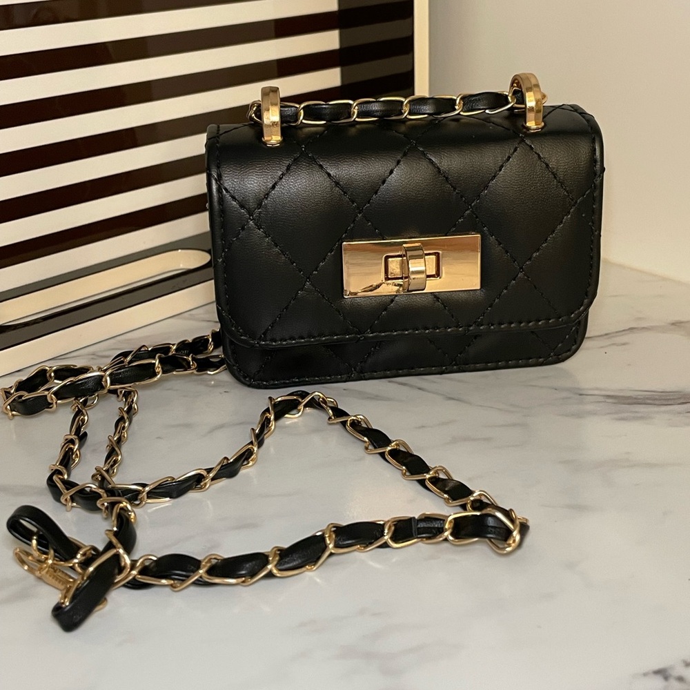Black Quilted Mini Crossbody Bag with Gold Chain